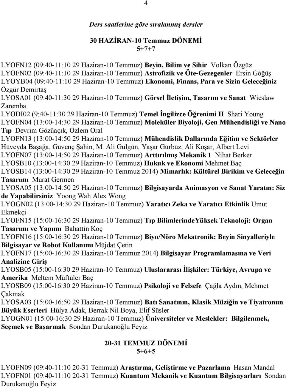 Đletişim, Tasarım ve Sanat Wieslaw Zaremba LYODI02 (9:40-11:30 29 Haziran-10 Temmuz) Temel Đngilizce Öğrenimi II Shari Young LYOFN04 (13:00-14:30 29 Haziran-10 Temmuz) Moleküler Biyoloji, Gen