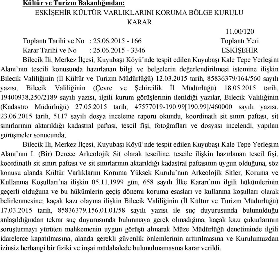 2015-3346 ESKİŞEHİR Bilecik İli, Merkez İlçesi, Kuyubaşı Köyü nde tespit edilen Kuyubaşı Kale Tepe Yerleşim Alanı nın tescili konusunda hazırlanan bilgi ve belgelerin değerlendirilmesi istemine