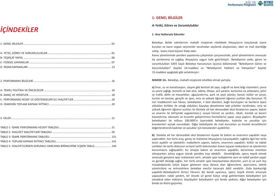 .. 21 TABLO 1- İDARE PERFORMANS HEDEFİ TABLOSU... 21 TABLO 2- FAALİYET MALİYEERİ TABLOSU... 59 TABLO 3- İDARE PERFORMANS TABLOSU... 131 TABLO 4- TOPLAM KAYNAK İHTİYACI TABLOSU.