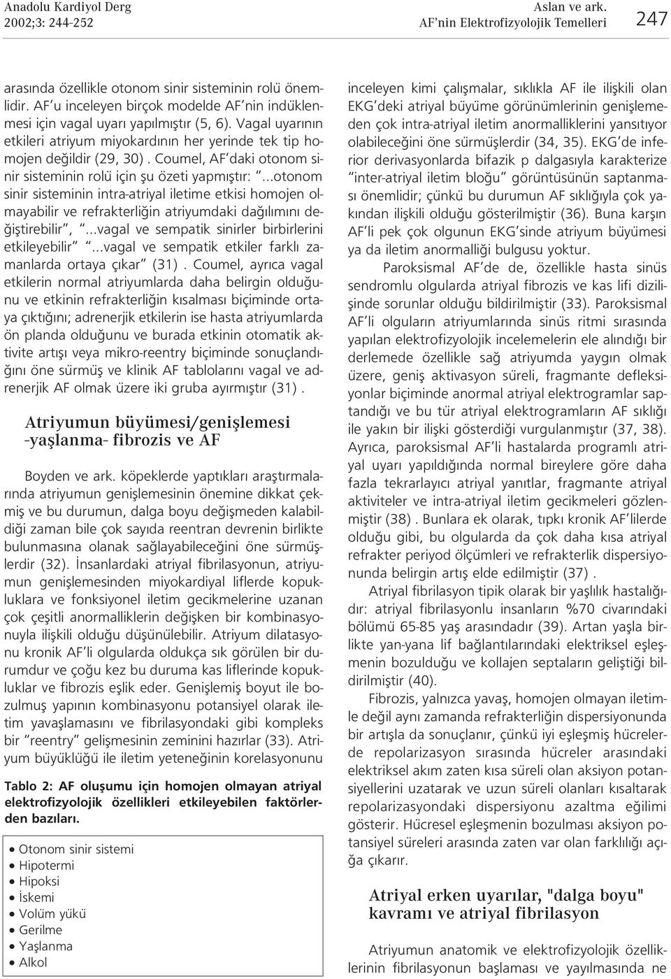 Coumel, AF daki otonom sinir sisteminin rolü için flu özeti yapm flt r: otonom sinir sisteminin intra-atriyal iletime etkisi homojen olmayabilir ve refrakterli in atriyumdaki da l m n de-