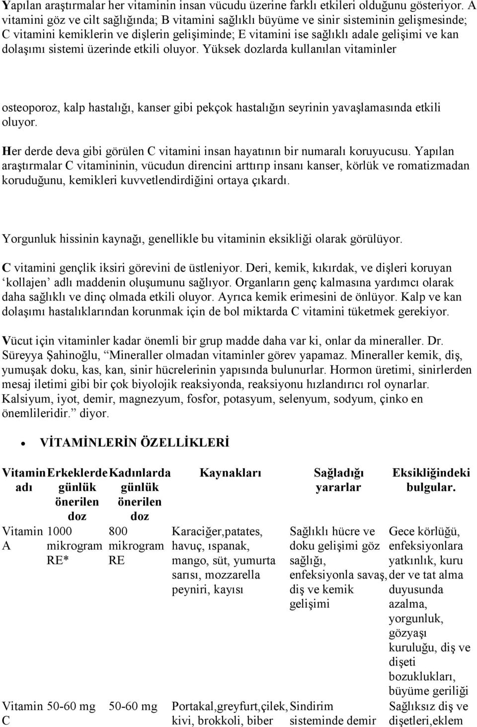 sistemi üzerinde etkili oluyor. Yüksek dozlarda kullanılan vitaminler osteoporoz, kalp hastalığı, kanser gibi pekçok hastalığın seyrinin yavaşlamasında etkili oluyor.