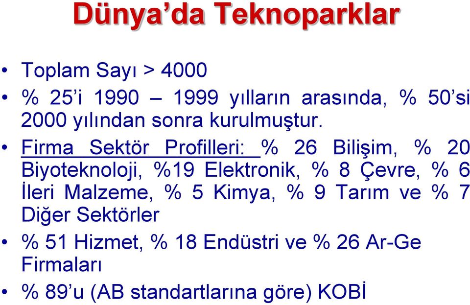 Firma Sektör Profilleri: % 26 BiliĢim, % 20 Biyoteknoloji, %9 Elektronik, % 8 Çevre, %