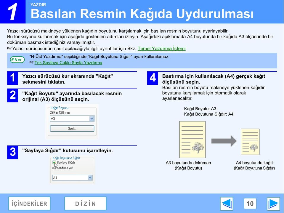 Yazýcý sürücüsünün nasýl açýlacaðýyla ilgili ayrýntýlar için Bkz. Temel Yazdýrma Ýþlemi "N-Üst Yazdýrma" seçildiðinde "Kaðýt Boyutuna Sýðdýr" ayarý kullanýlamaz.