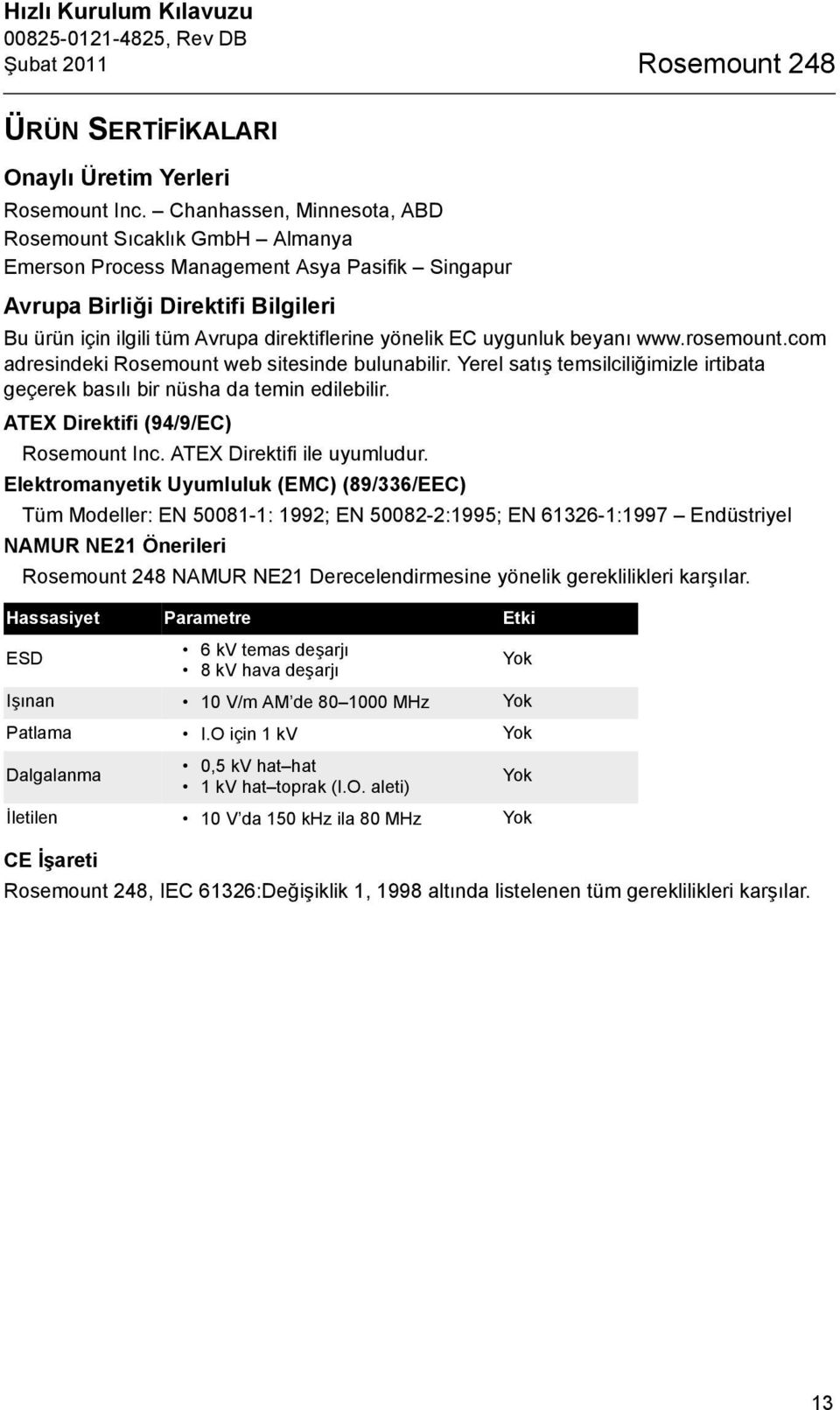 uygunluk beyanı www.rosemount.com adresindeki Rosemount web sitesinde bulunabilir. Yerel satış temsilciliğimizle irtibata geçerek basılı bir nüsha da temin edilebilir.