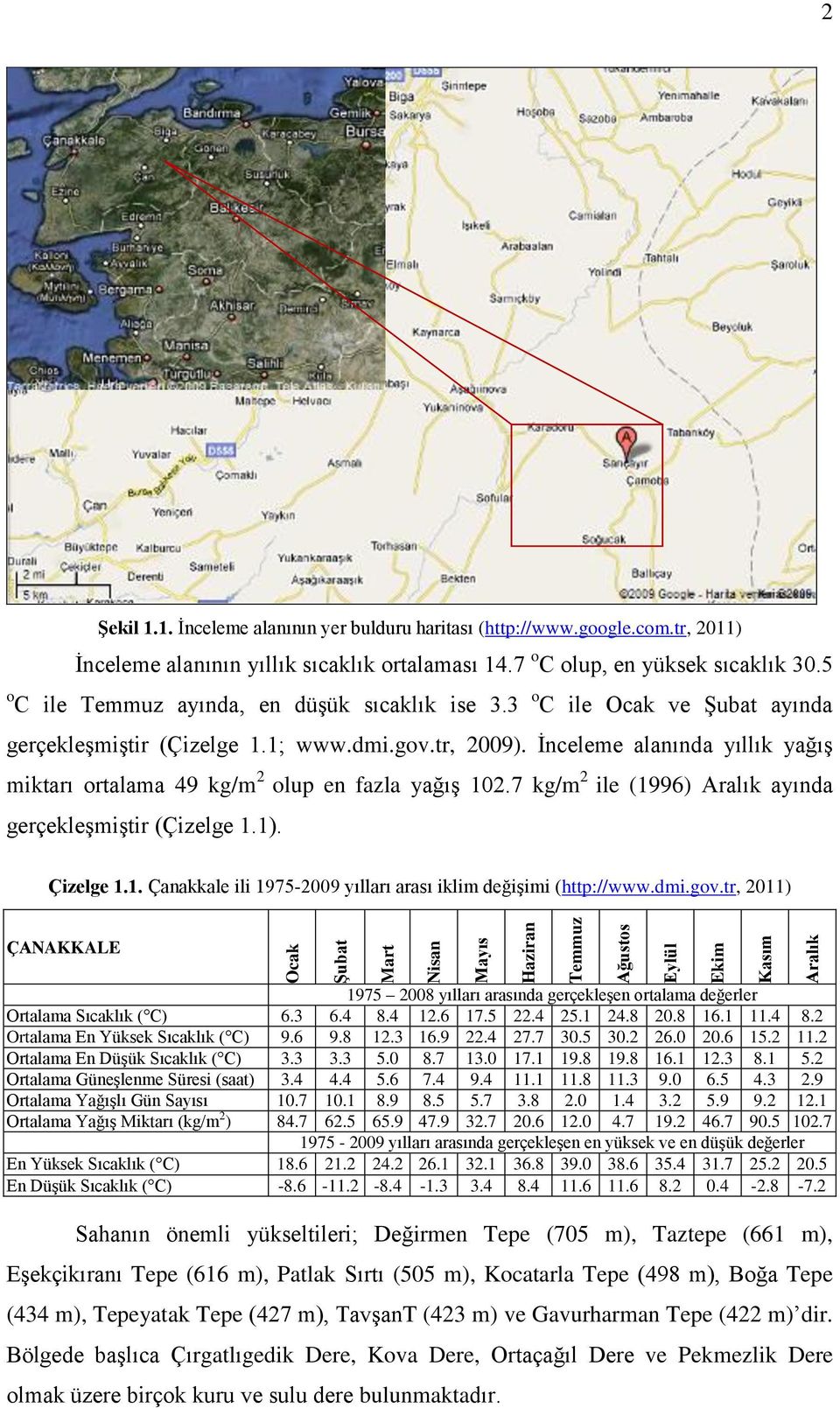 1; www.dmi.gov.tr, 2009). İnceleme alanında yıllık yağış miktarı ortalama 49 kg/m 2 olup en fazla yağış 102.7 kg/m 2 ile (1996) Aralık ayında gerçekleşmiştir (Çizelge 1.1). Çizelge 1.1. Çanakkale ili 1975-2009 yılları arası iklim değişimi (http://www.