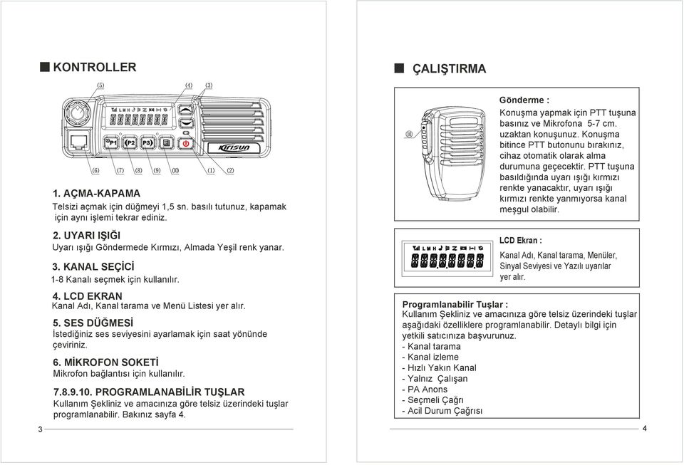 MİKROFON SOKETİ Mikrofon bağlantısı için kullanılır. 7.8.9.0. PROGRAMLANABİLİR TUŞLAR Kullanım Şekliniz ve amacınıza göre telsiz üzerindeki tuşlar programlanabilir. Bakınız sayfa 4.