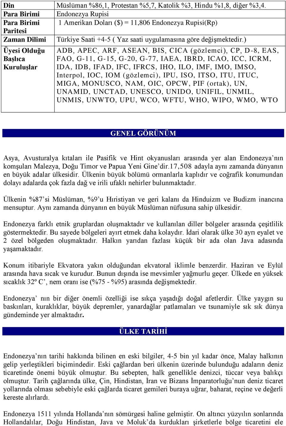 ) Üyesi Olduğu Başlıca Kuruluşlar ADB, APEC, ARF, ASEAN, BIS, CICA (gözlemci), CP, D-8, EAS, FAO, G-11, G-15, G-20, G-77, IAEA, IBRD, ICAO, ICC, ICRM, IDA, IDB, IFAD, IFC, IFRCS, IHO, ILO, IMF, IMO,