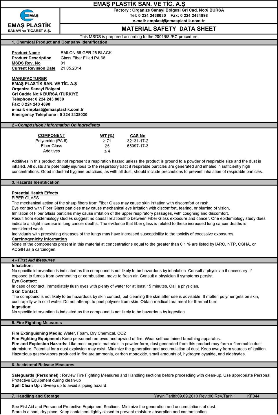 No:6 BURSA MATERIAL SAFETY DATA SHEET This MSDS is prepared according to the 2001/58 /EC procedure. 1.