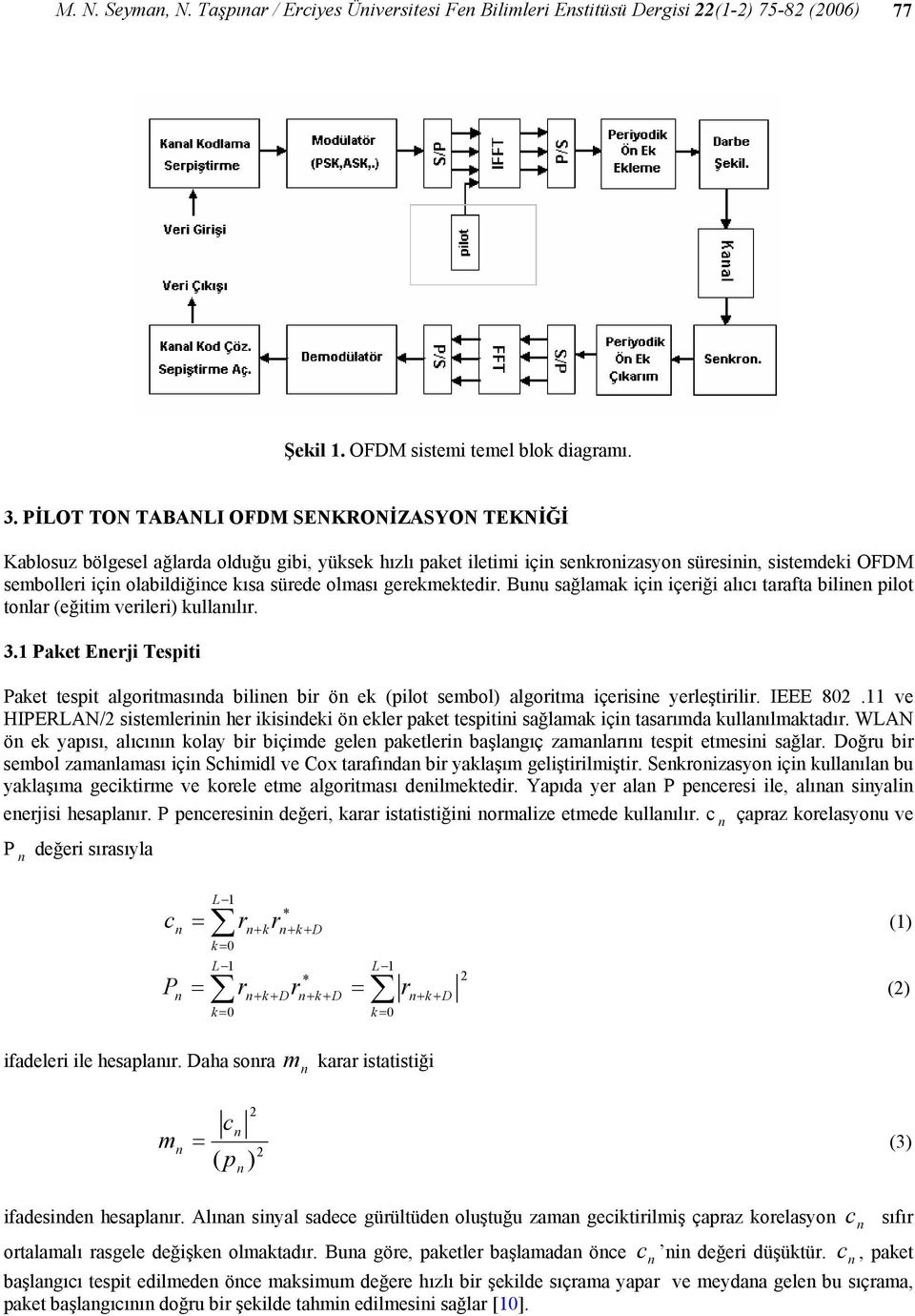 Buu ağlamak içi içeriği alıcı tarafta bilie pilot tolar (eğitim verileri) kullaılır. 3.1 Paket Eerji Tepiti Paket tepit algoritmaıda bilie bir ö ek (pilot embol) algoritma içeriie yerleştirilir.