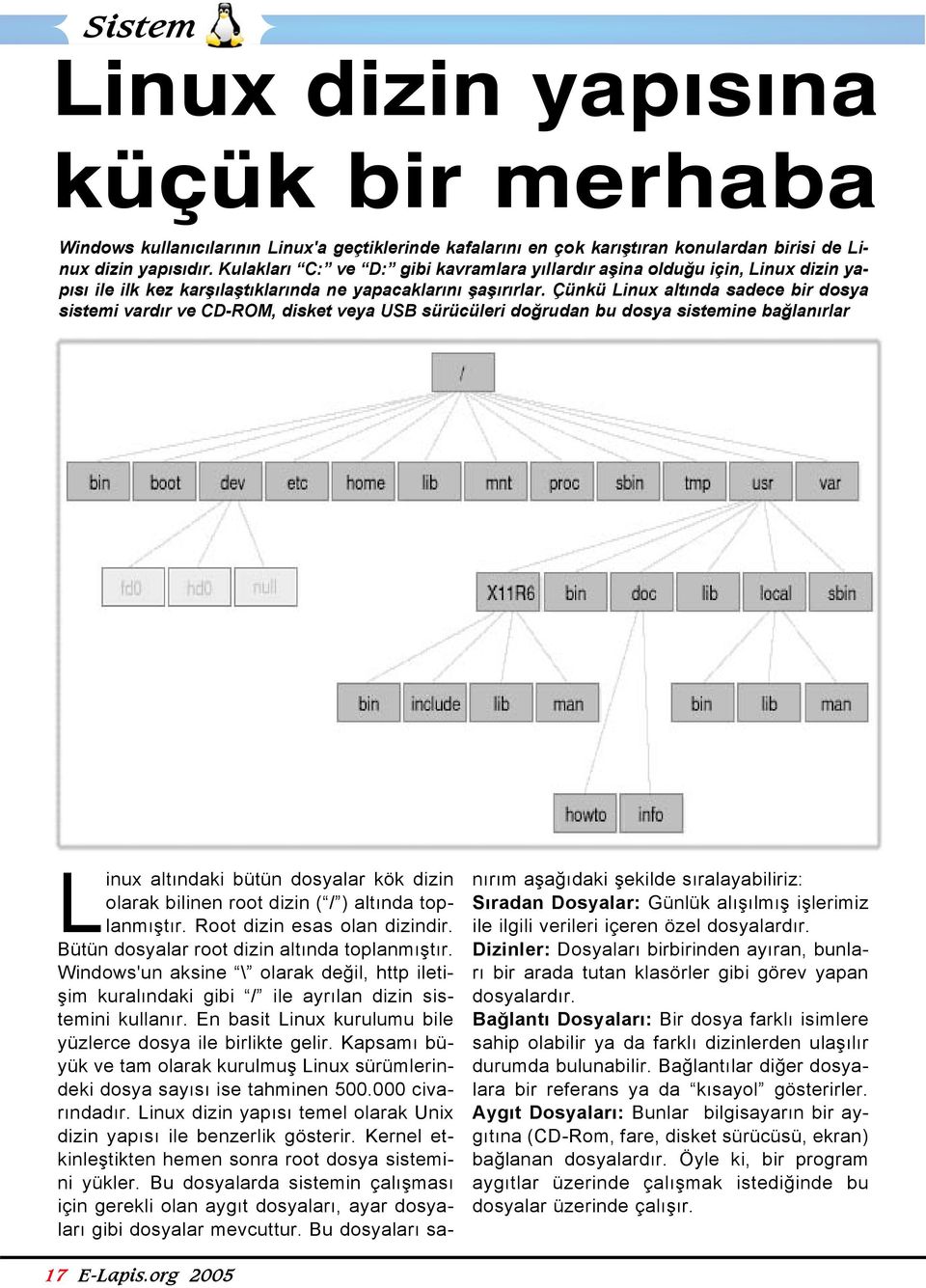 Çünkü Linux altında sadece bir dosya sistemi vardır ve CD-ROM, disket veya USB sürücüleri doğrudan bu dosya sistemine bağlanırlar Linux altındaki bütün dosyalar kök dizin olarak bilinen root dizin (