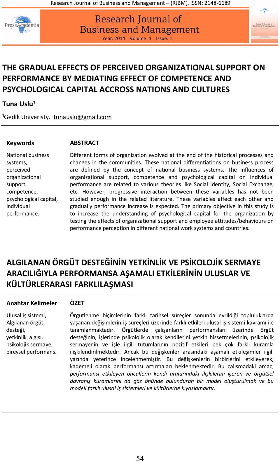 com Keywords National business systems, perceived organizational support, competence, psychological capital, individual performance.