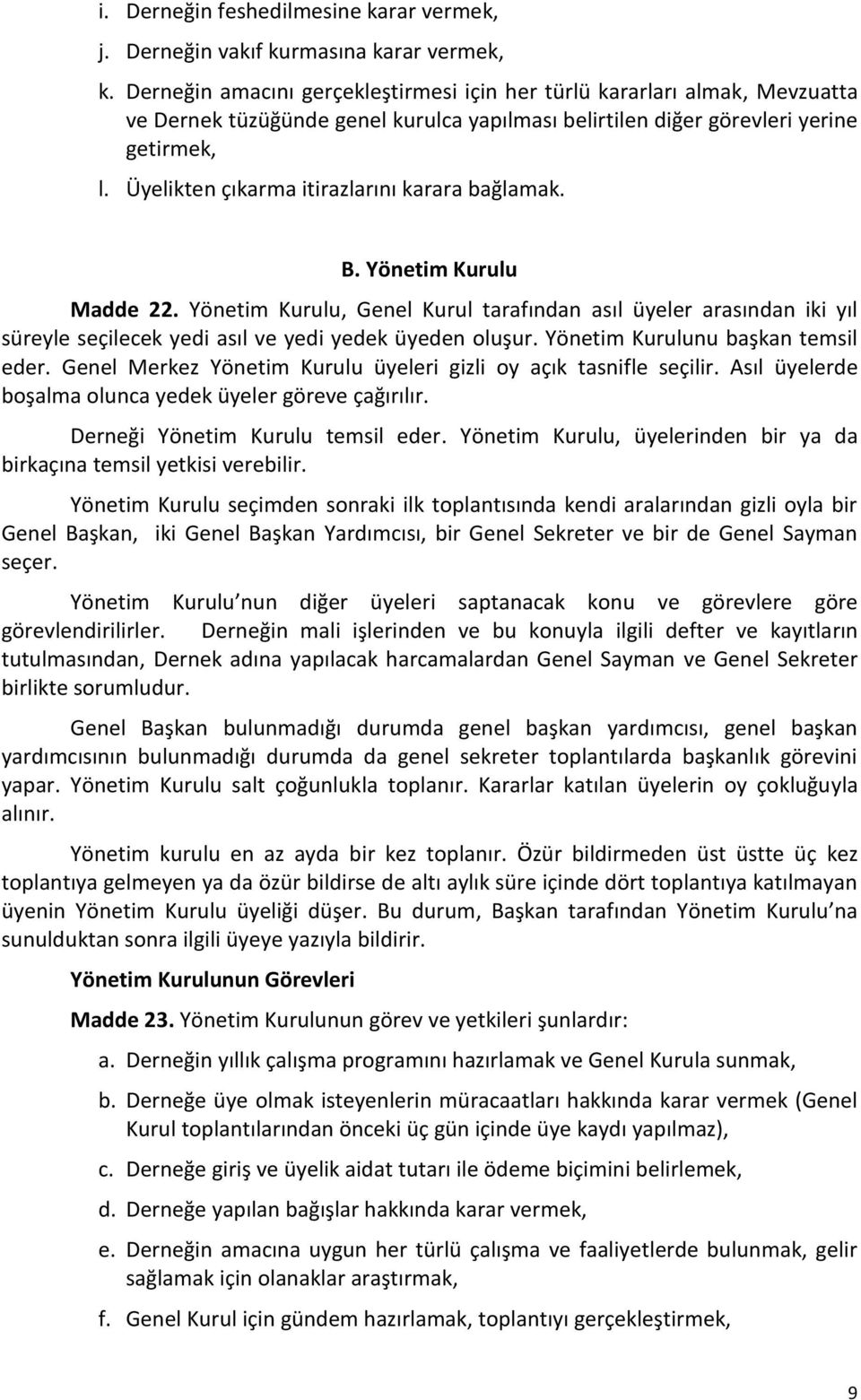 Üyelikten çıkarma itirazlarını karara bağlamak. B. Yönetim Kurulu Madde 22.