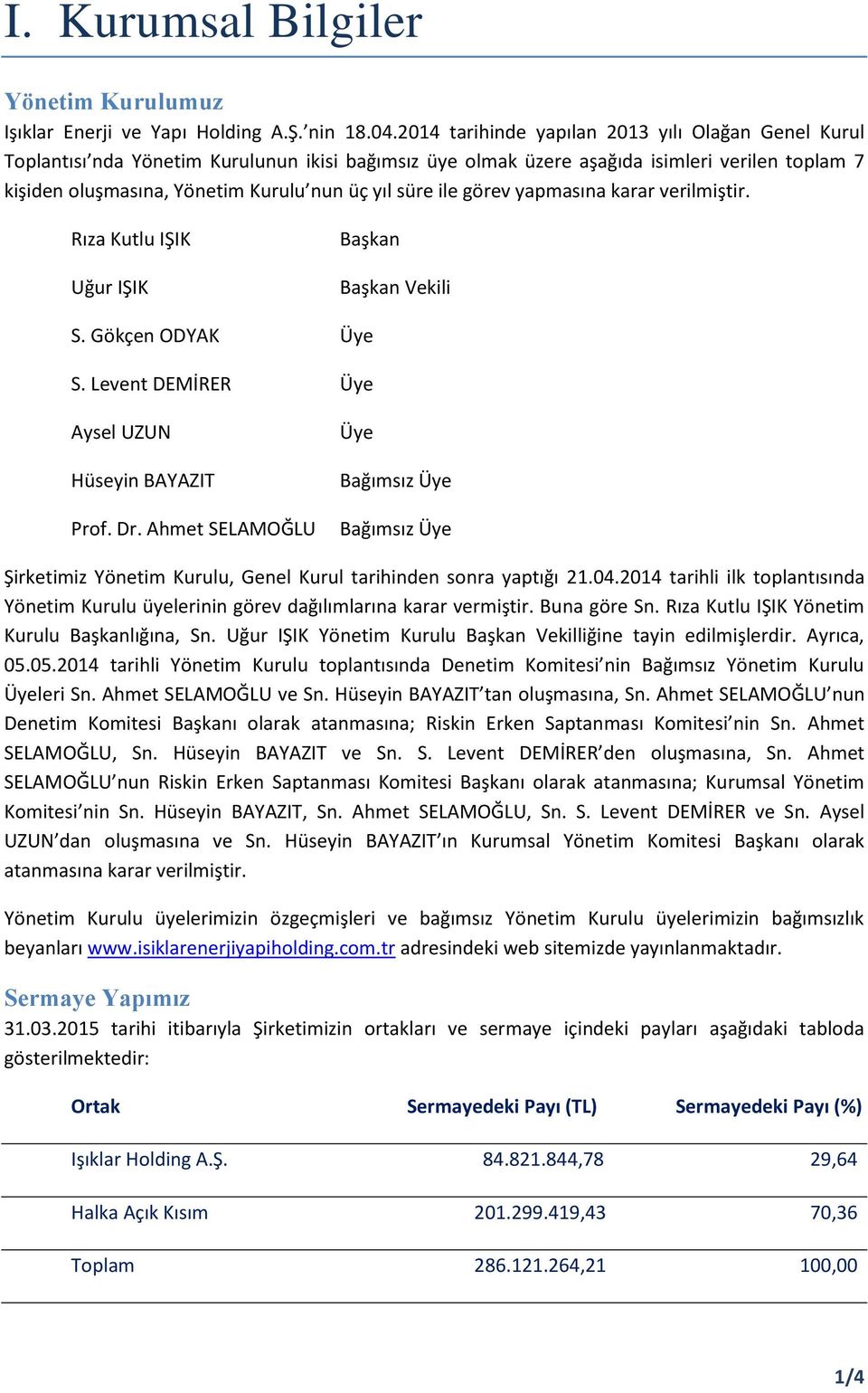 süre ile görev yapmasına karar verilmiştir. Rıza Kutlu IŞIK Uğur IŞIK Başkan Başkan Vekili S. Gökçen ODYAK Üye S. Levent DEMİRER Üye Aysel UZUN Hüseyin BAYAZIT Prof. Dr.