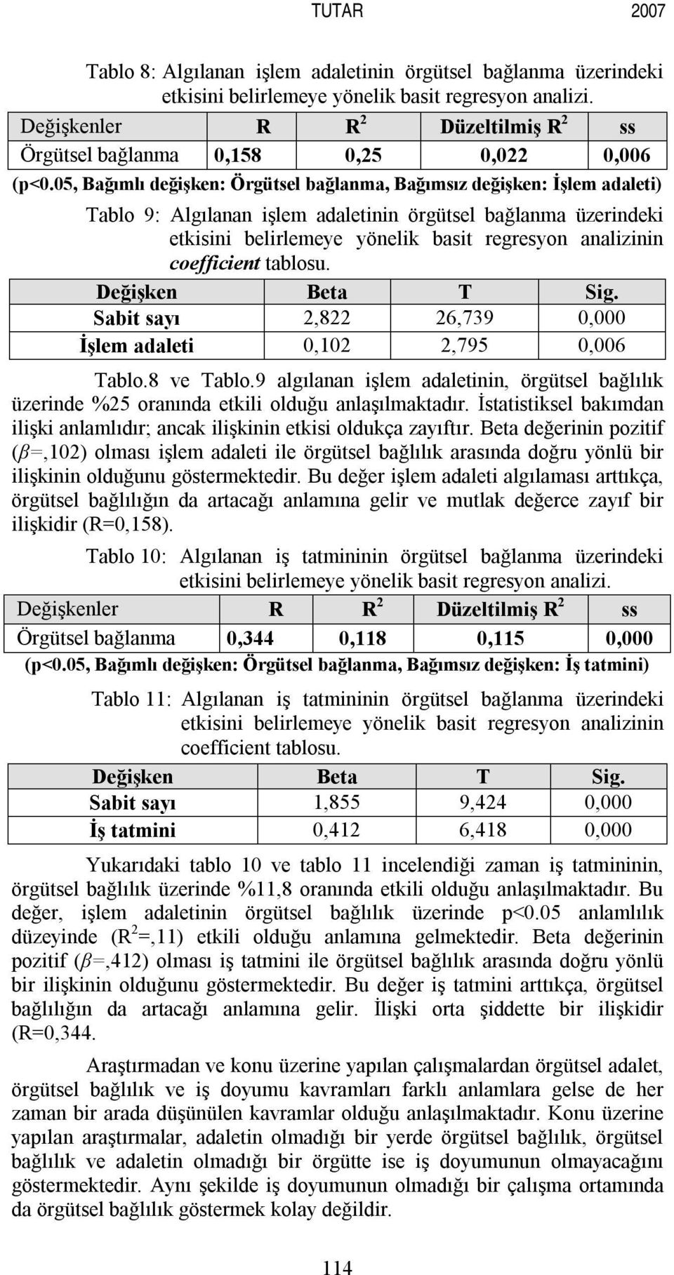 05, Bağımlı değişken: Örgütsel bağlanma, Bağımsız değişken: İşlem adaleti) Tablo 9: Algılanan işlem adaletinin örgütsel bağlanma üzerindeki etkisini belirlemeye yönelik basit regresyon analizinin