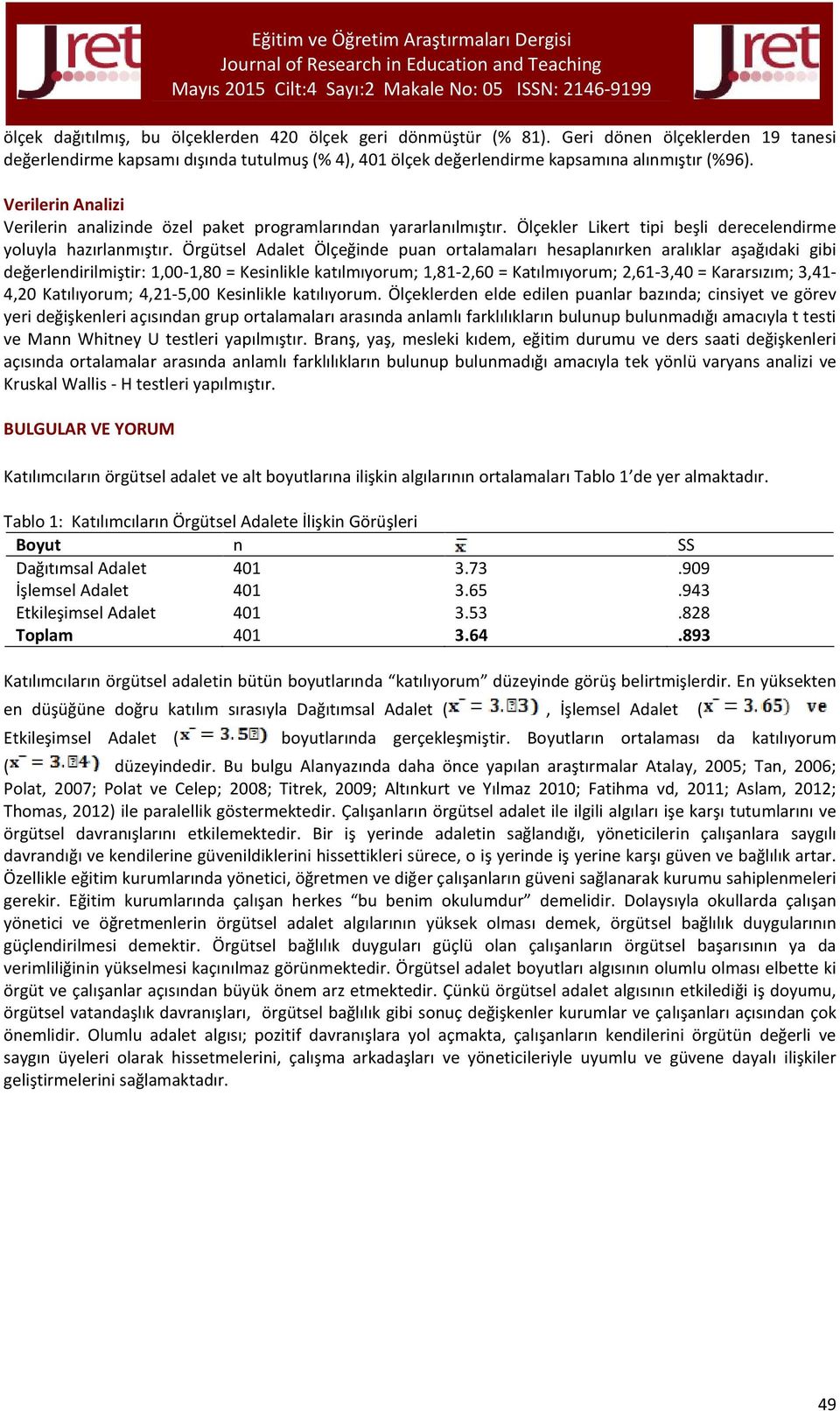 Örgütsel Adalet Ölçeğinde puan ortalamaları hesaplanırken aralıklar aşağıdaki gibi değerlendirilmiştir: 1,00-1,80 = Kesinlikle katılmıyorum; 1,81-2,60 = Katılmıyorum; 2,61-,40 = Kararsızım;,41-4,20