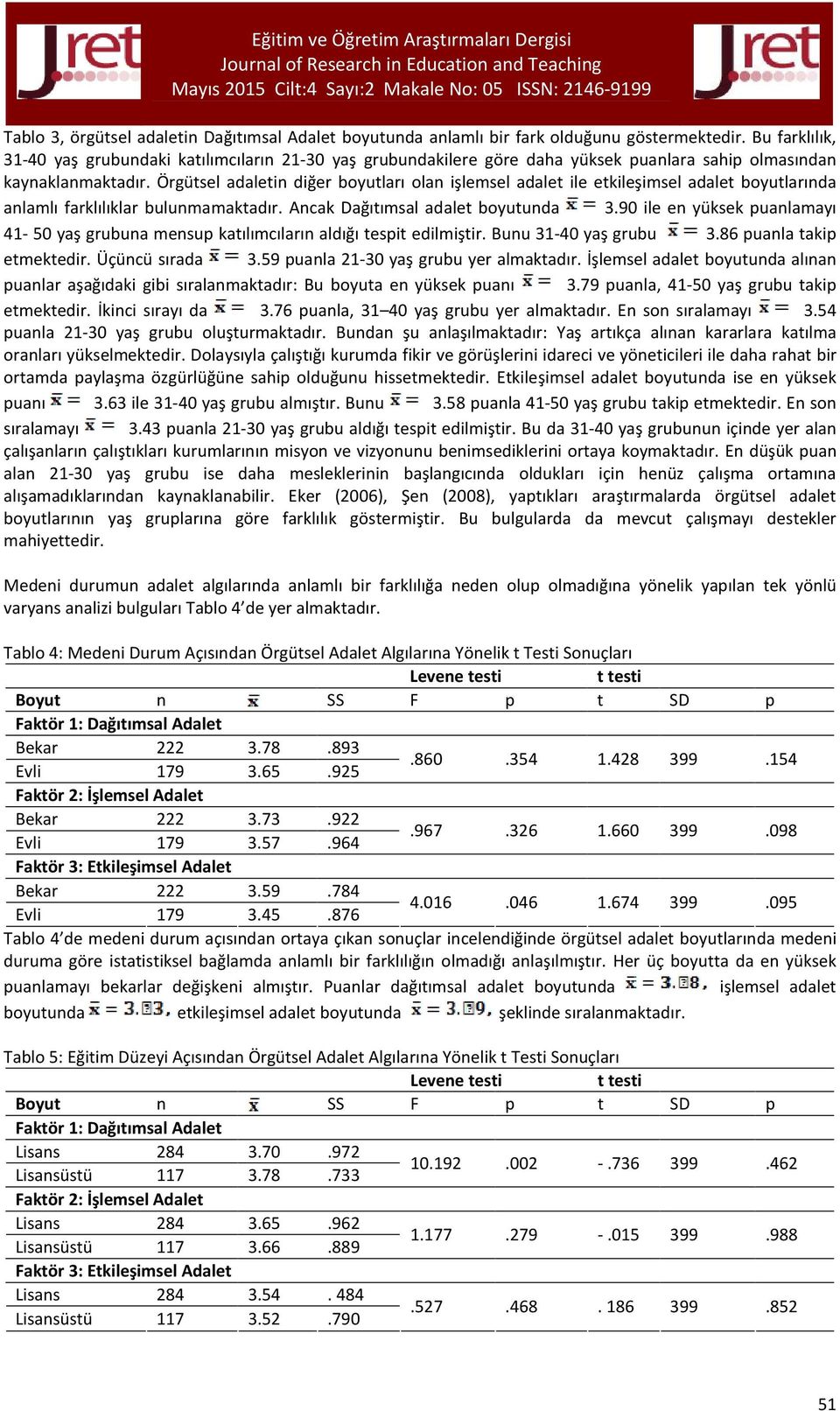 Örgütsel adaletin diğer boyutları olan işlemsel adalet ile etkileşimsel adalet boyutlarında anlamlı farklılıklar bulunmamaktadır. Ancak Dağıtımsal adalet boyutunda.