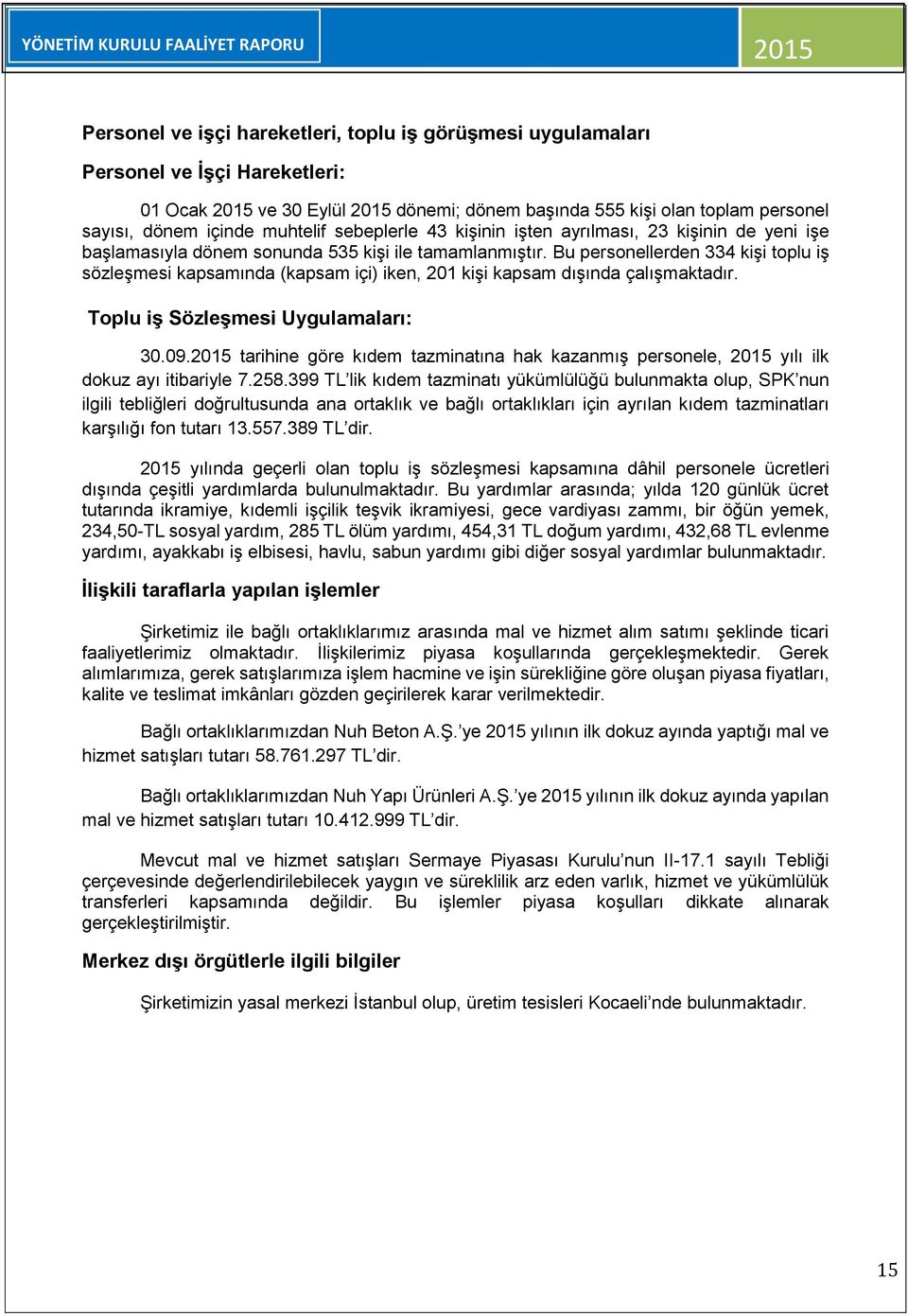 Bu personellerden 334 kişi toplu iş sözleşmesi kapsamında (kapsam içi) iken, 201 kişi kapsam dışında çalışmaktadır. Toplu iş Sözleşmesi Uygulamaları: 30.09.