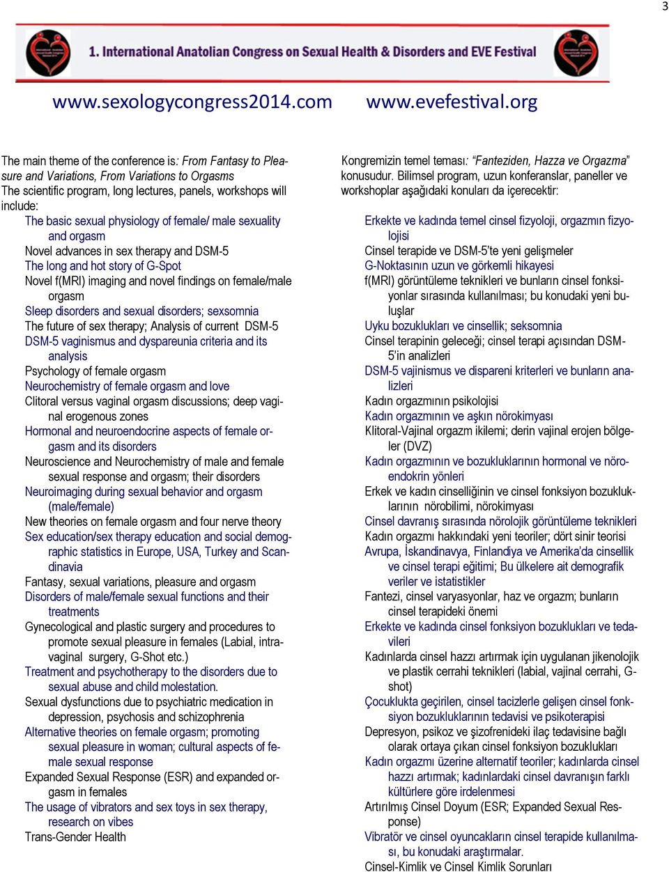 physiology of female/ male sexuality and orgasm Novel advances in sex therapy and DSM-5 The long and hot story of G-Spot Novel f(mri) imaging and novel findings on female/male orgasm Sleep disorders