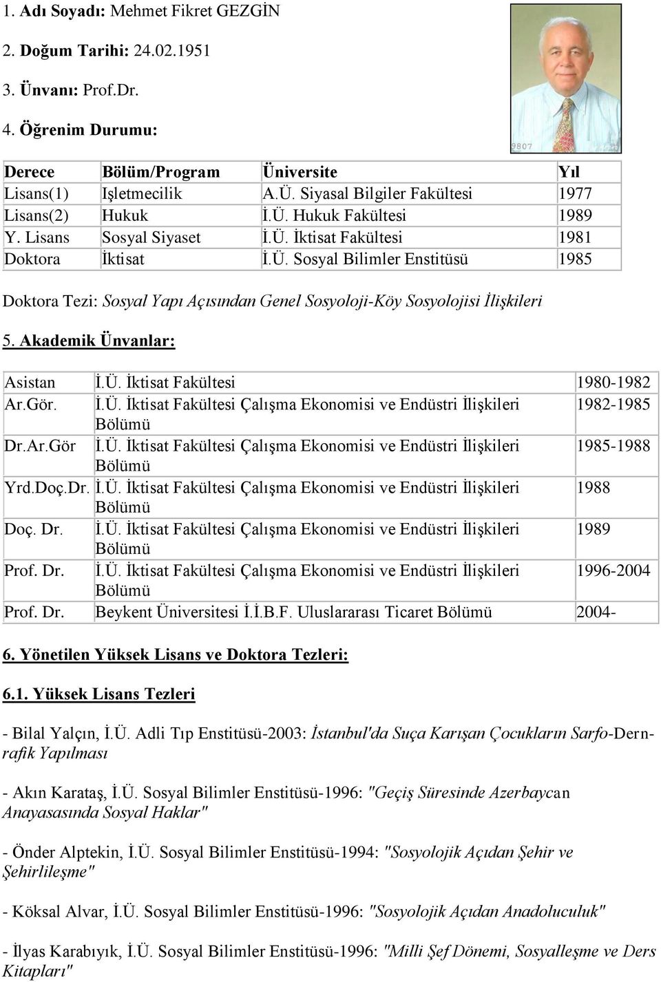 Akademik Ünvanlar: Asistan İ.Ü. İktisat Fakültesi 1980-1982 Ar.Gör. İ.Ü. İktisat Fakültesi Çalışma Ekonomisi ve Endüstri İlişkileri 1982-1985 Dr.Ar.Gör İ.Ü. İktisat Fakültesi Çalışma Ekonomisi ve Endüstri İlişkileri 1985-1988 Yrd.