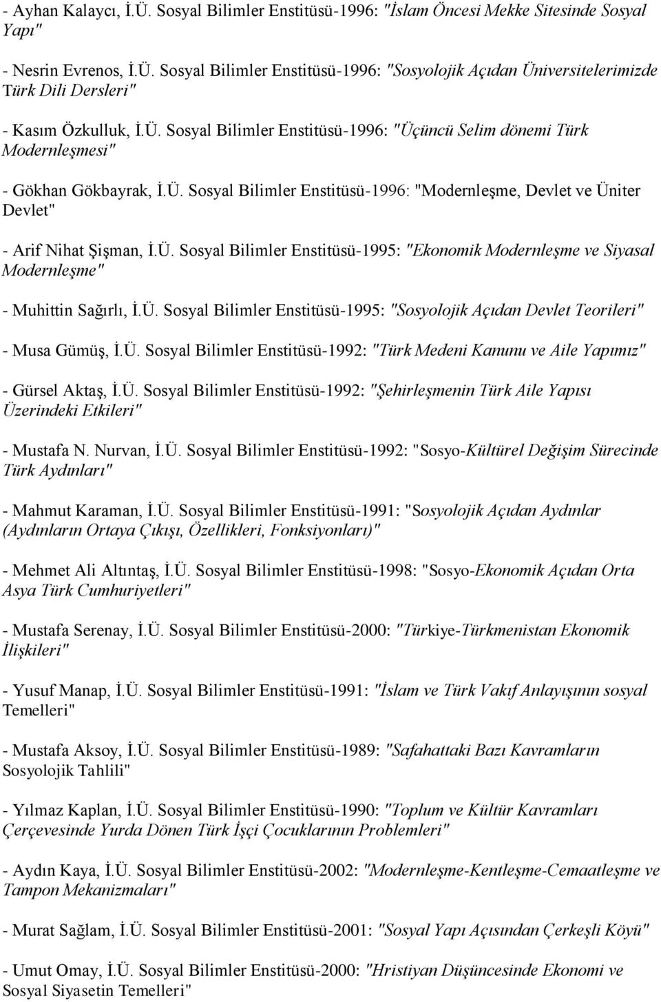 Ü. Sosyal Bilimler Enstitüsü-1995: "Sosyolojik Açıdan Devlet Teorileri" - Musa Gümüş, İ.Ü. Sosyal Bilimler Enstitüsü-1992: "Türk Medeni Kanunu ve Aile Yapımız" - Gürsel Aktaş, İ.Ü. Sosyal Bilimler Enstitüsü-1992: "Şehirleşmenin Türk Aile Yapısı Üzerindeki Etkileri" - Mustafa N.