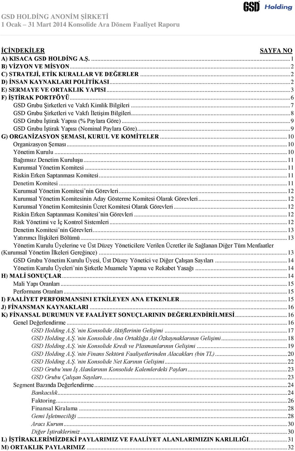 .. 9 GSD Grubu İştirak Yapısı (Nominal Paylara Göre)... 9 G) ORGANİZASYON ŞEMASI, KURUL VE KOMİTELER... 10 Organizasyon Şeması... 10 Yönetim Kurulu... 10 Bağımsız Denetim Kuruluşu.