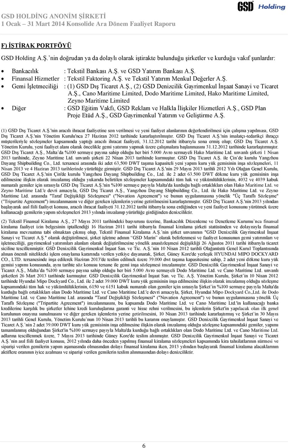 Ş., GSD Plan Proje Etüd A.Ş., GSD Gayrimenkul Yatırım ve Geliştirme A.Ş. (1) GSD Dış Ticaret A.Ş.'nin aracılı ihracat faaliyetine son verilmesi ve yeni faaliyet alanlarının değerlendirilmesi için çalışma yapılması, GSD Dış Ticaret A.