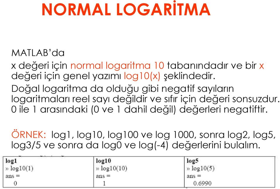 Doğal logaritma da olduğu gibi negatif sayıların logaritmaları reel sayı değildir ve sıfır için değeri