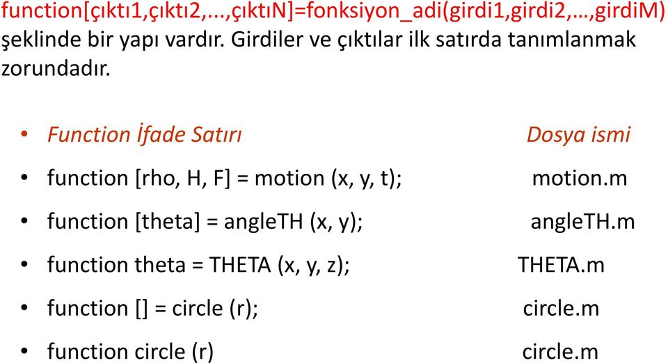 Function İfade Satırı Dosya ismi function [rho, H, F] = motion (x, y, t); motion.