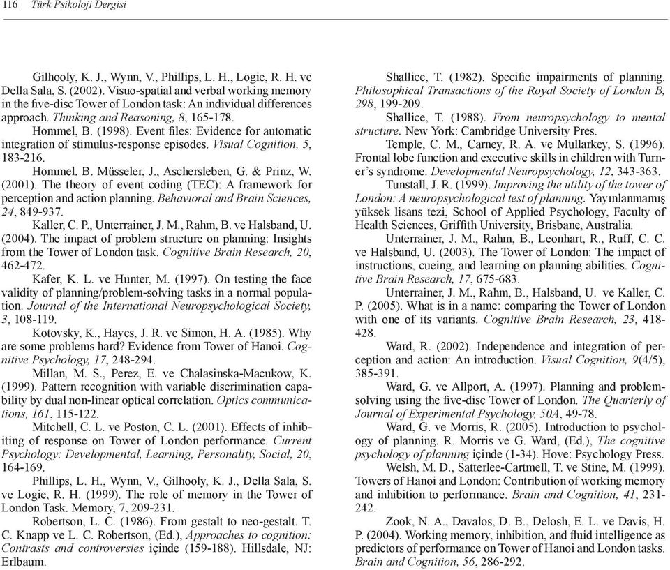 Event files: Evidence for automatic integration of stimulus-response episodes. Visual Cognition, 5, 183-216. Hommel, B. Müsseler, J., Aschersleben, G. & Prinz, W. (2001).