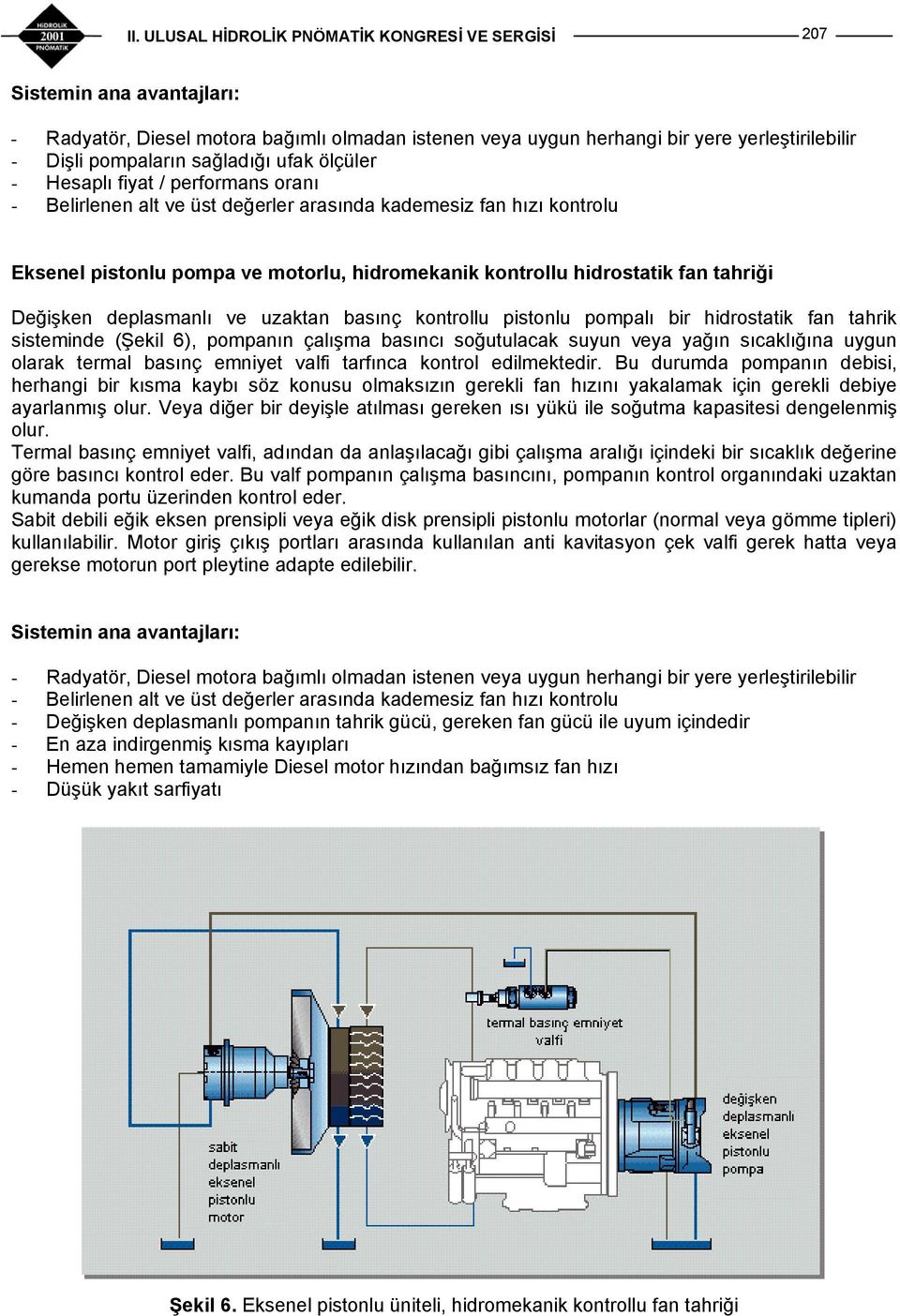 kontrollu pistonlu pompalı bir hidrostatik fan tahrik sisteminde (Şekil 6), pompanın çalışma basıncı soğutulacak suyun veya yağın sıcaklığına uygun olarak termal basınç emniyet valfi tarfınca kontrol