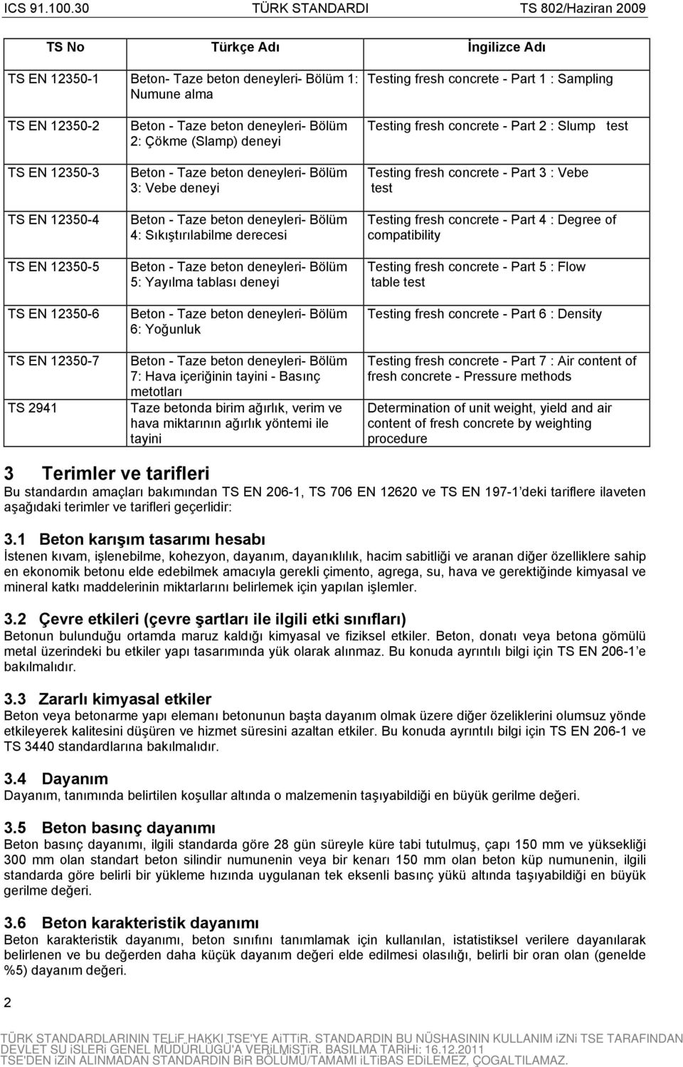 Taze beton deneyleri- Bölüm 5: Yayılma tablası deneyi Beton - Taze beton deneyleri- Bölüm 6: Yoğunluk Beton - Taze beton deneyleri- Bölüm 7: Hava içeriğinin tayini - Basınç metotları Taze betonda