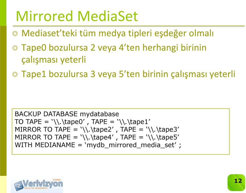 BACKUP DATABASE mydatabase TO TAPE = \\.\tape0, TAPE = \\.\tape1 MIRROR TO TAPE = \\.