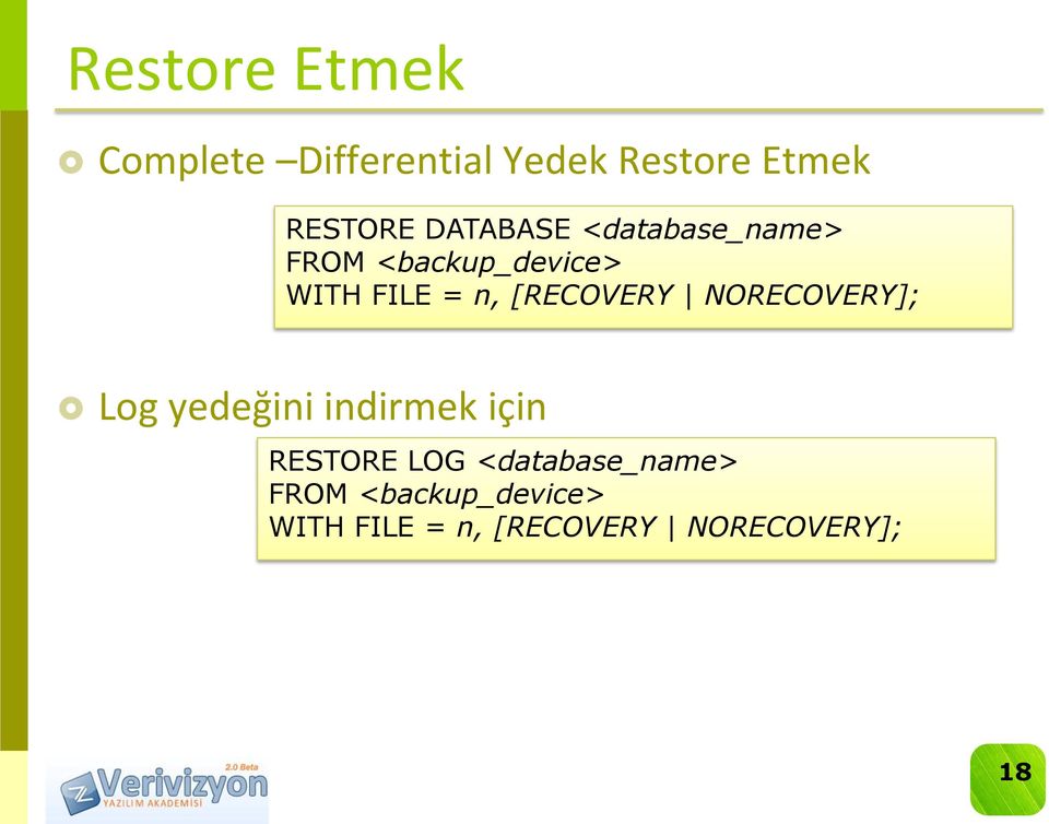 [RECOVERY NORECOVERY]; Log yedeğini indirmek için RESTORE LOG