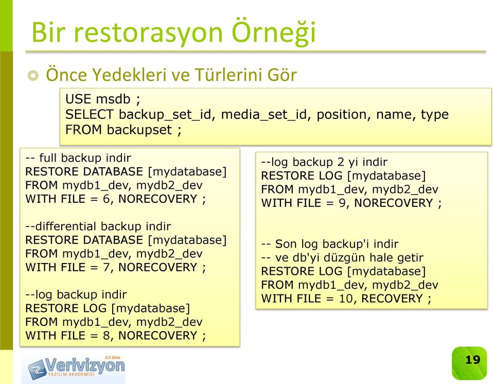 7, NORECOVERY ; --log backup indir RESTORE LOG [mydatabase] FROM mydb1_dev, mydb2_dev WITH FILE = 8, NORECOVERY ; --log backup 2 yi indir RESTORE LOG [mydatabase] FROM