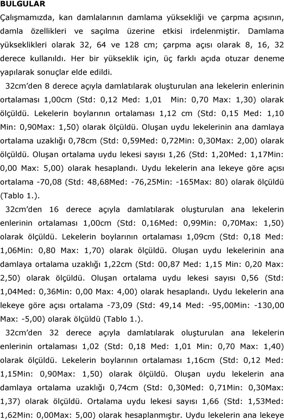 32cm den 8 derece açıyla damlatılarak oluşturulan ana lekelerin enlerinin ortalaması 1,00cm (Std: 0,12 Med: 1,01 Min: 0,70 Max: 1,30) olarak ölçüldü.