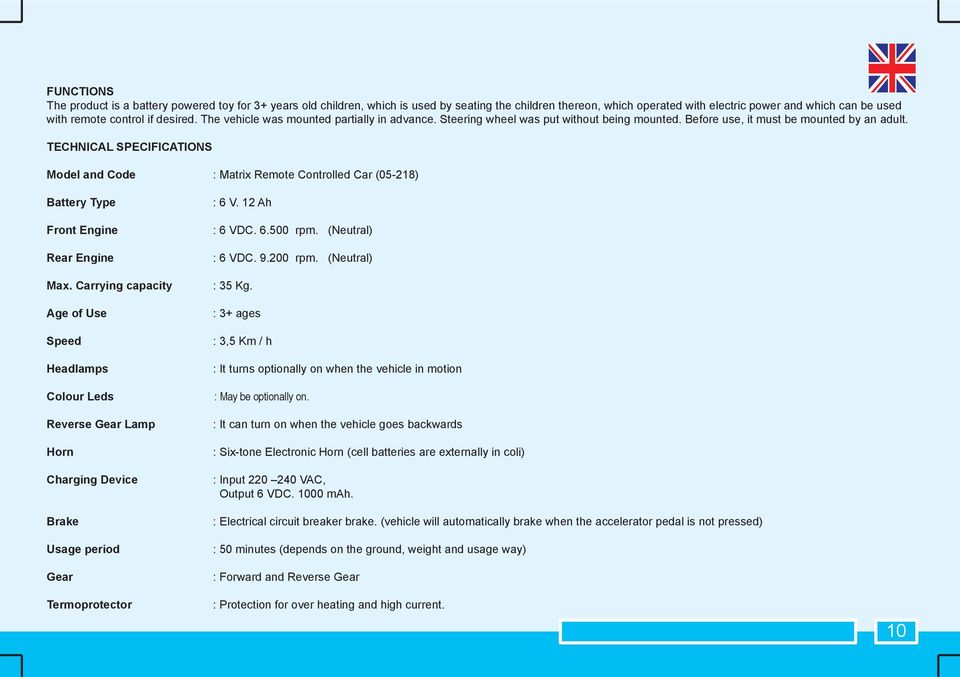 TECHNICAL SPECIFICATIONS Model and Code : Matrix Remote Controlled Car (05-218) Battery Type Front Engine Rear Engine Max.