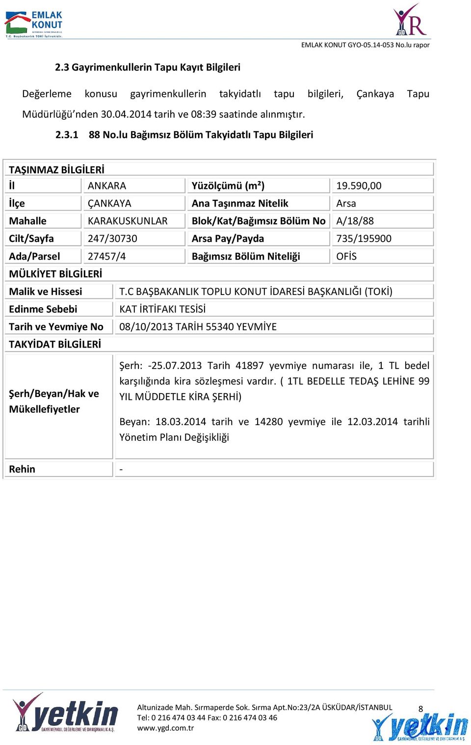 590,00 İlçe ÇANKAYA Ana Taşınmaz Nitelik Arsa Mahalle KARAKUSKUNLAR Blok/Kat/Bağımsız Bölüm No A/18/88 Cilt/Sayfa 247/30730 Arsa Pay/Payda 735/195900 Ada/Parsel 27457/4 Bağımsız Bölüm Niteliği OFİS