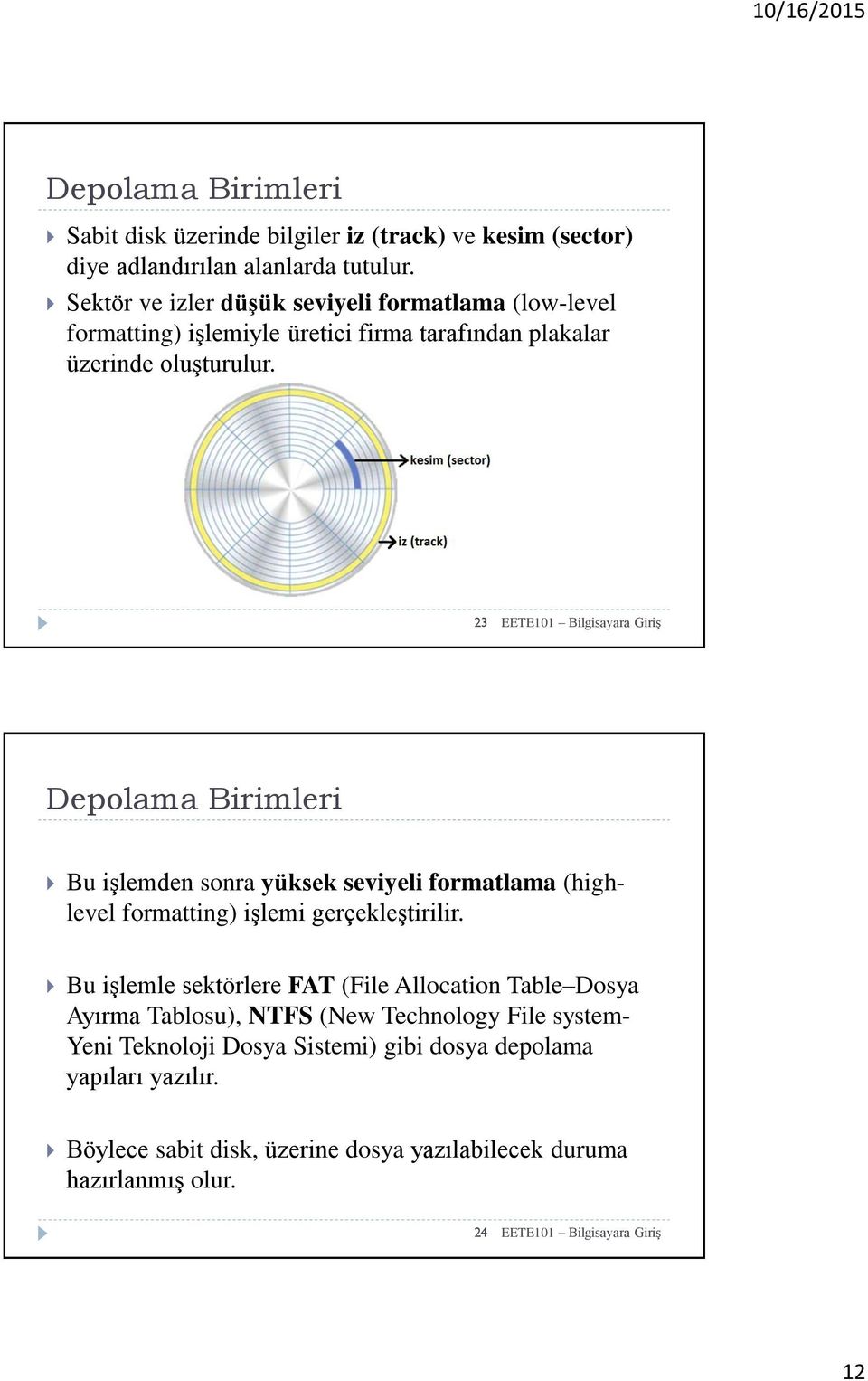 23 EETE101 Bilgisayara Giriş Bu işlemden sonra yüksek seviyeli formatlama (highlevel formatting) işlemi gerçekleştirilir.