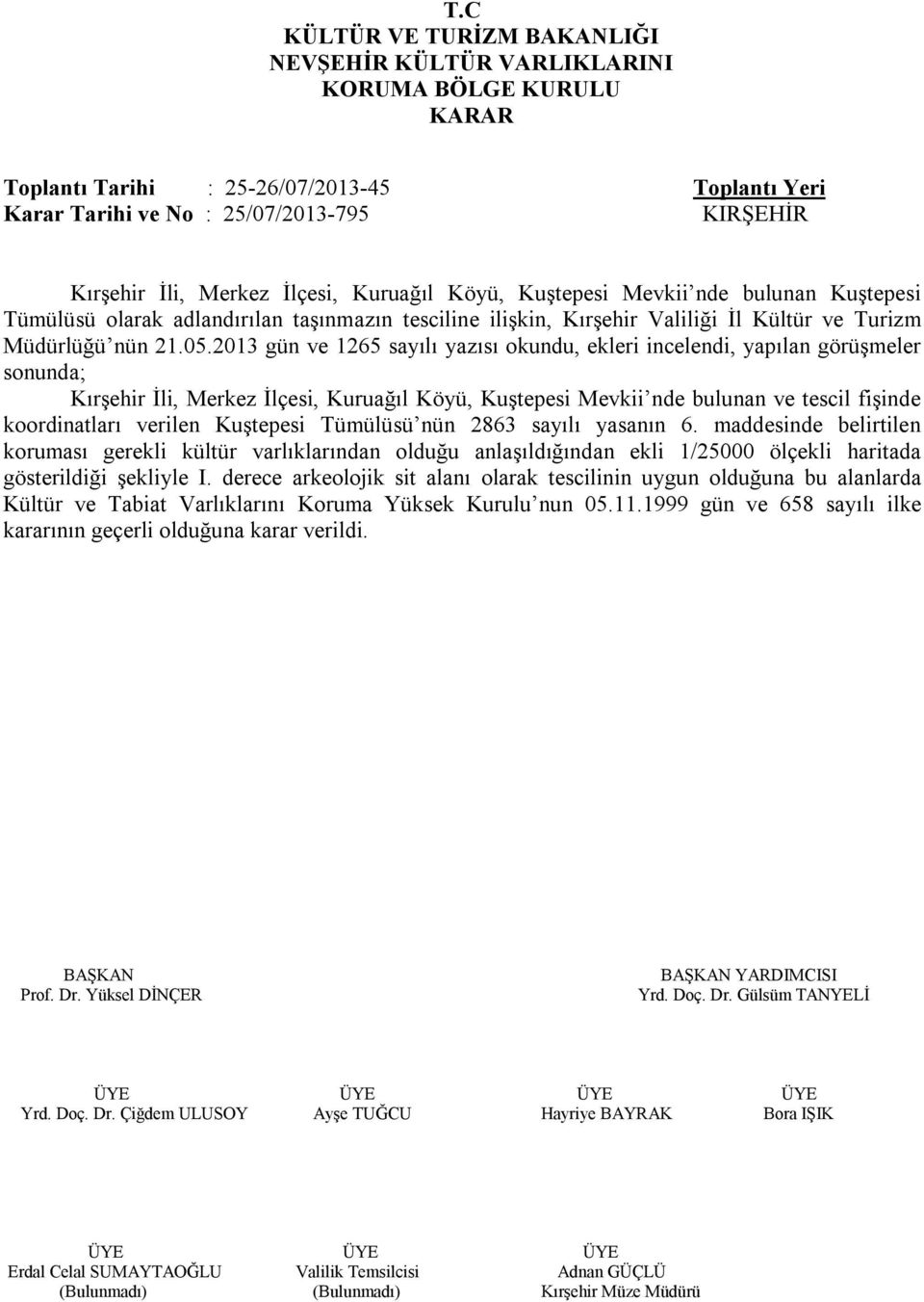 2013 gün ve 1265 sayılı yazısı okundu, ekleri incelendi, yapılan görüşmeler sonunda; Kırşehir İli, Merkez İlçesi, Kuruağıl Köyü, Kuştepesi Mevkii nde bulunan ve tescil fişinde koordinatları verilen