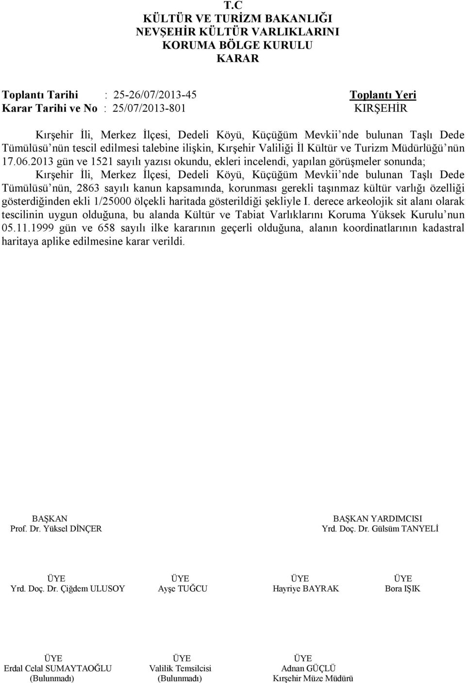 2013 gün ve 1521 sayılı yazısı okundu, ekleri incelendi, yapılan görüşmeler sonunda; Kırşehir İli, Merkez İlçesi, Dedeli Köyü, Küçüğüm Mevkii nde bulunan Taşlı Dede Tümülüsü nün, 2863 sayılı kanun