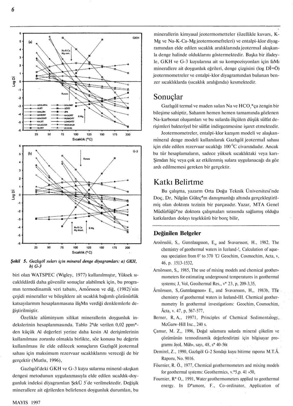 Başka bir ifadeyle, GKH ve G-3 kuyularına ait su kompozisyonları için famı minerallere ait doygunluk eğrileri, denge çizgisini (log DÎ=Ö) jeotermometreler ve entalpi-klor diyagramından bulunan benzer