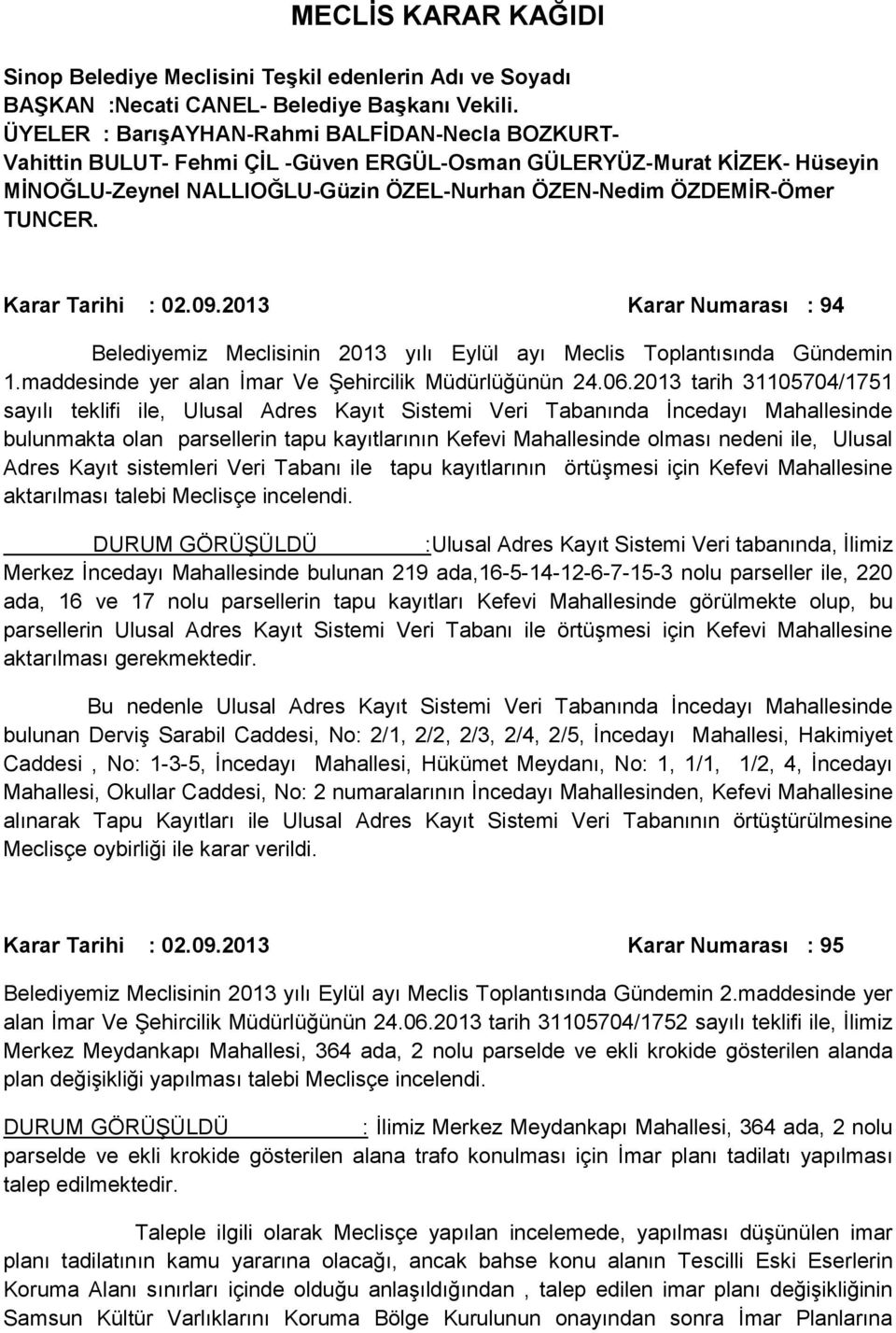 Karar Tarihi : 02.09.2013 Karar Numarası : 94 Belediyemiz Meclisinin 2013 yılı Eylül ayı Meclis Toplantısında Gündemin 1.maddesinde yer alan İmar Ve Şehircilik Müdürlüğünün 24.06.