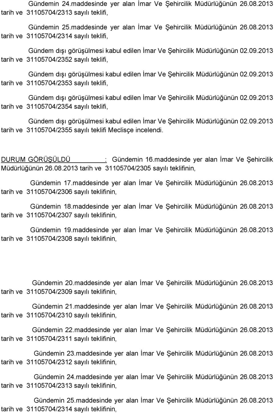 09.2013 tarih ve 31105704/2354 sayılı teklifi, Gündem dışı görüşülmesi kabul edilen İmar Ve Şehircilik Müdürlüğünün 02.09.2013 tarih ve 31105704/2355 sayılı teklifi Meclisçe incelendi.