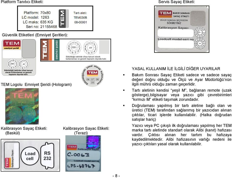 TEM Lglu Emniyet ġeridi (Hlgram) Kalibrasyn Sayaç Etiketi: Kalibrasyn Sayac Etiketi: (Baskül) (Terazi) YASAL KULLANIM ĠLE ĠLGĠLĠ DĠĞER UYARILAR Bakım Snrası Sayaç Etiketi sadece ve sadece sayaç