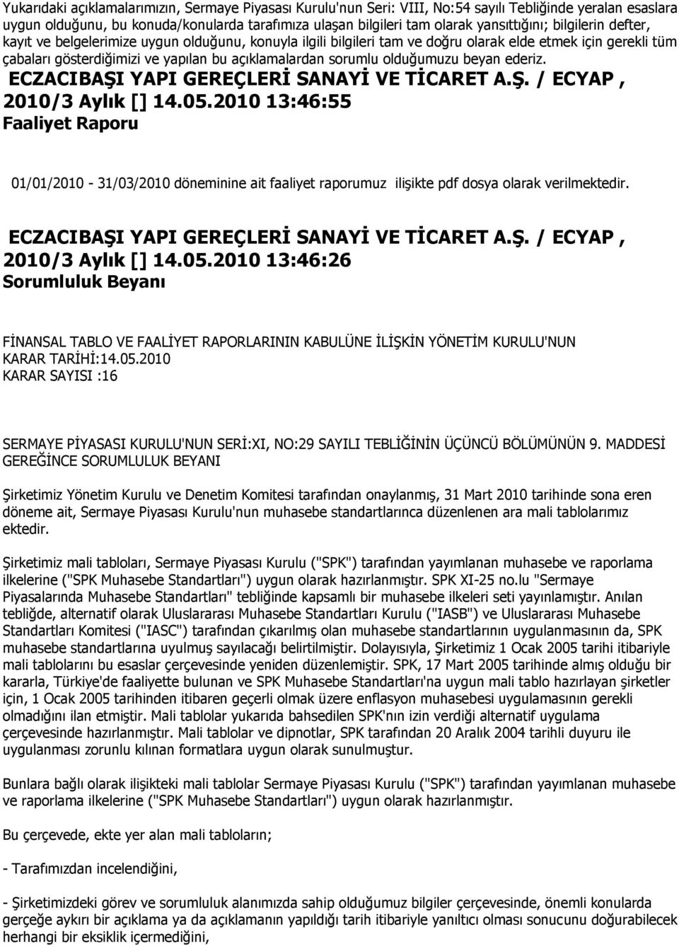 05.2010 13:46:26 Sorumluluk Beyanı FĠNANSAL TABLO VE FAALĠYET RAPORLARININ KABULÜNE ĠLĠġKĠN YÖNETĠM KURULU'NUN KARAR TARĠHĠ:14.05.2010 KARAR SAYISI :16 SERMAYE PĠYASASI KURULU'NUN SERĠ:XI, NO:29 SAYILI TEBLĠĞĠNĠN ÜÇÜNCÜ BÖLÜMÜNÜN 9.