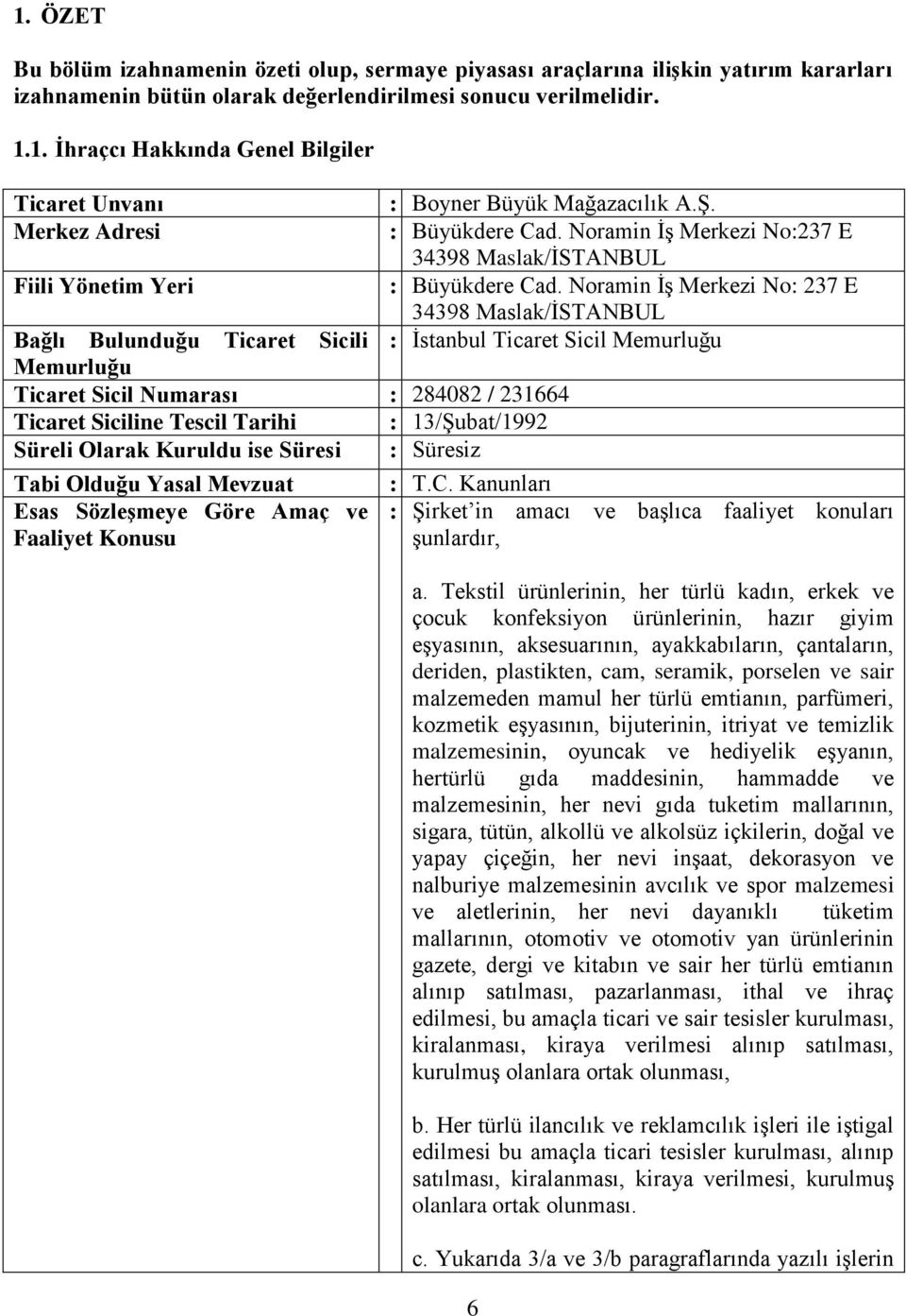 Noramin İş Merkezi No: 237 E 34398 Maslak/İSTANBUL Bağlı Bulunduğu Ticaret Sicili : İstanbul Ticaret Sicil Memurluğu Memurluğu Ticaret Sicil Numarası : 284082 / 231664 Ticaret Siciline Tescil Tarihi