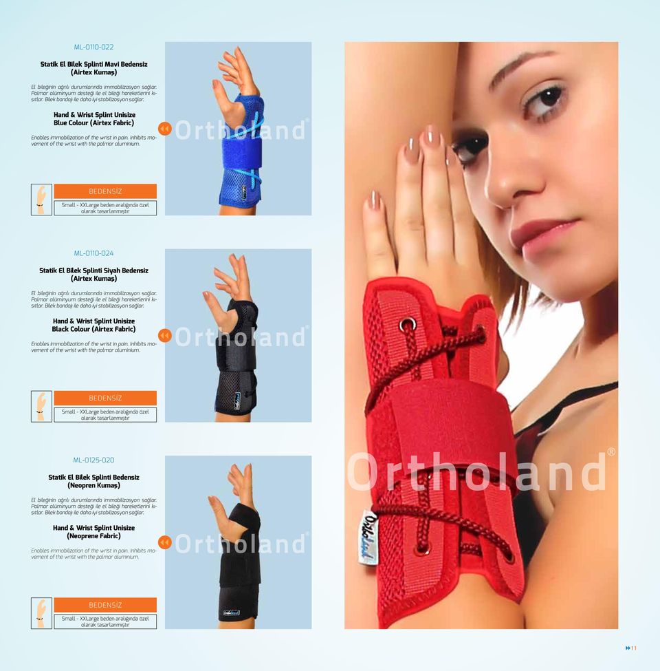 Inhibits movement of the wrist with the palmar aluminium. ML-0110-024 tatik El Bilek plinti iyah Bedensiz (Airtex Kumaş) El bileğinin ağrılı durumlarında immobilizasyon sağlar.