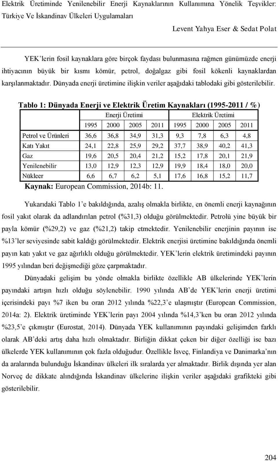 Tablo 1: Dünyada Enerji ve Elektrik Üretim Kaynakları (1995-2011 / %) Enerji Üretimi Elektrik Üretimi 1995 2000 2005 2011 1995 2000 2005 2011 Petrol ve Ürünleri 36,6 36,8 34,9 31,3 9,3 7,8 6,3 4,8