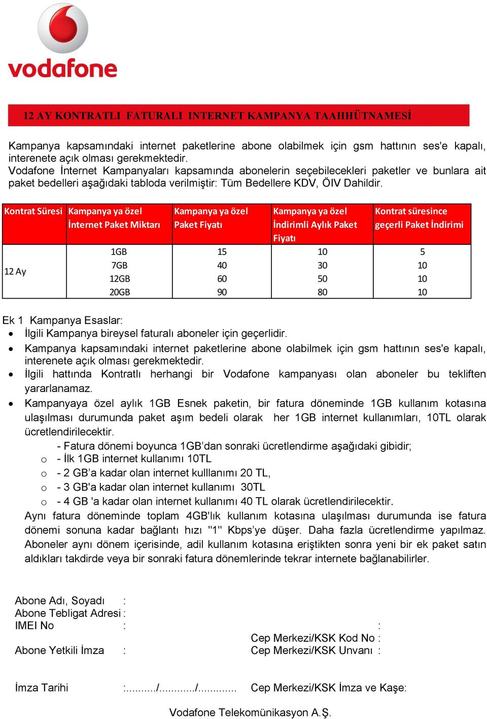 Kontrat Süresi Kampanya ya özel İnternet Paket Miktarı 12 Ay Kampanya ya özel Paket Fiyatı Kampanya ya özel İndirimli Aylık Paket Fiyatı Kontrat süresince geçerli Paket İndirimi 1GB 15 10 5 7GB 40 30