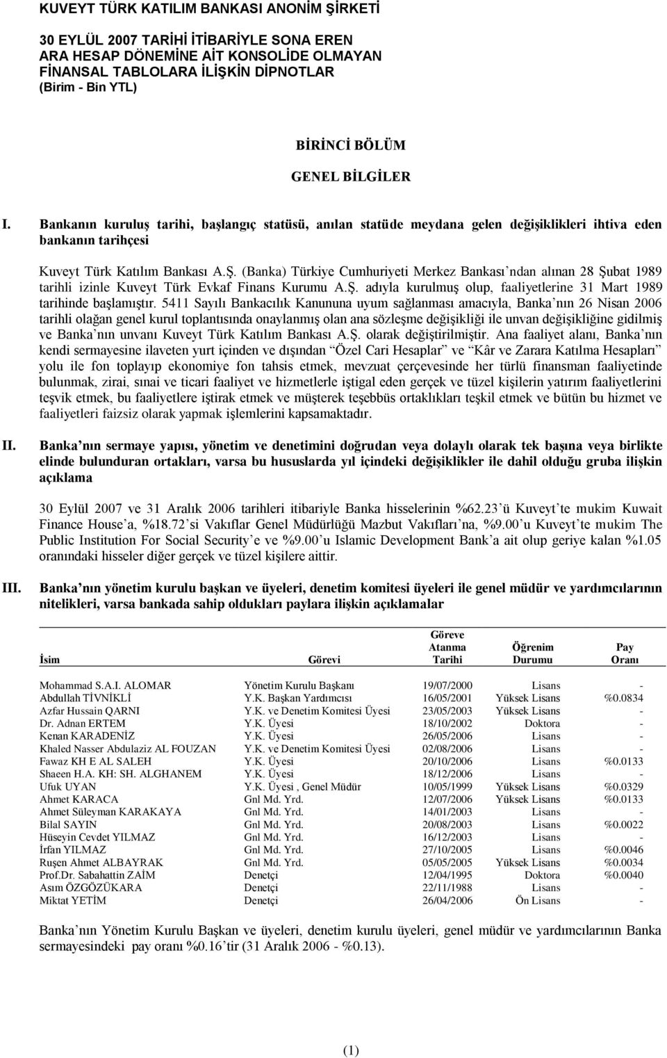 (Banka) Türkiye Cumhuriyeti Merkez Bankası ndan alınan 28 ġubat 1989 tarihli izinle Kuveyt Türk Evkaf Finans Kurumu A.ġ. adıyla kurulmuģ olup, faaliyetlerine 31 Mart 1989 tarihinde baģlamıģtır.